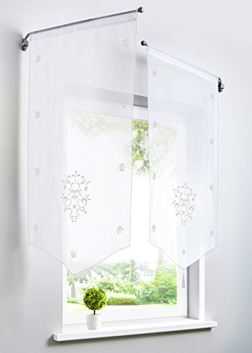 BAILEY JO 1er-Pack Bildergardine mit Stickerei Raffrollo Voile Transparent Vorhang (BxH 40x60cm, Weiß)
