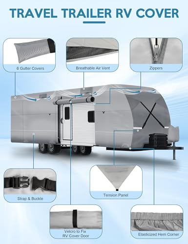 Rengue RV Cover, 30-33ft Travel Trailer Cover 300D Oxford Waterproof Camper Cover for RV Car Winter Snow with Jack Cover, Windproof Straps, Gutter Covers, Storage Bag - Thumbnail 6