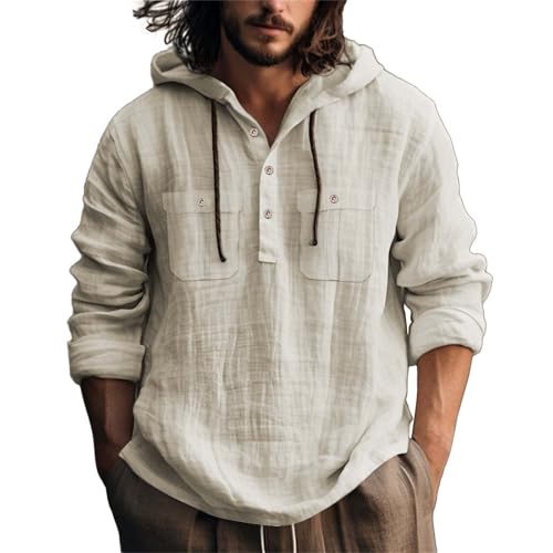 Mens Linen Hoodie Lightweight Long Sleeve Button Down Shirts with Hood Hooded T Shirt Boho Beach Vacation Pullover Tops