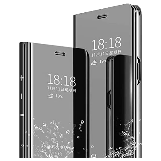 Hwsmyssy Skal Kompatibel Samsung Galaxy S10E Spegel Fodral Stå Flip Telefonfodral Snygg Lyxig Smal Flip Bok Stil Spegel Stötsäker Och Reptålig Plätering Case Svart Härdat Glas Film2