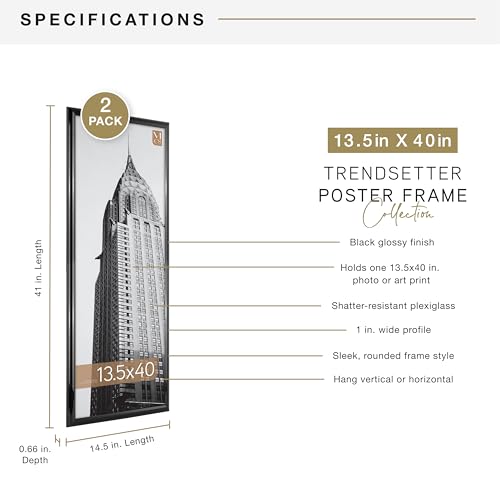 MCS Trendsetter 13.5x40 Poster Frame Black High-Gloss, Vertical & Horizontal Wall Hanging Large Picture Frame for Photos, Posters & Art Prints (2-Pack)