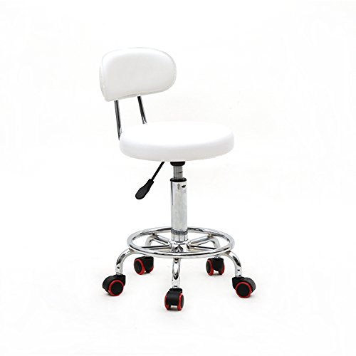 Hydraulic Rolling Salon Stool Chair, Round Shape Adjustable Salon Stool with Back Support & Line White