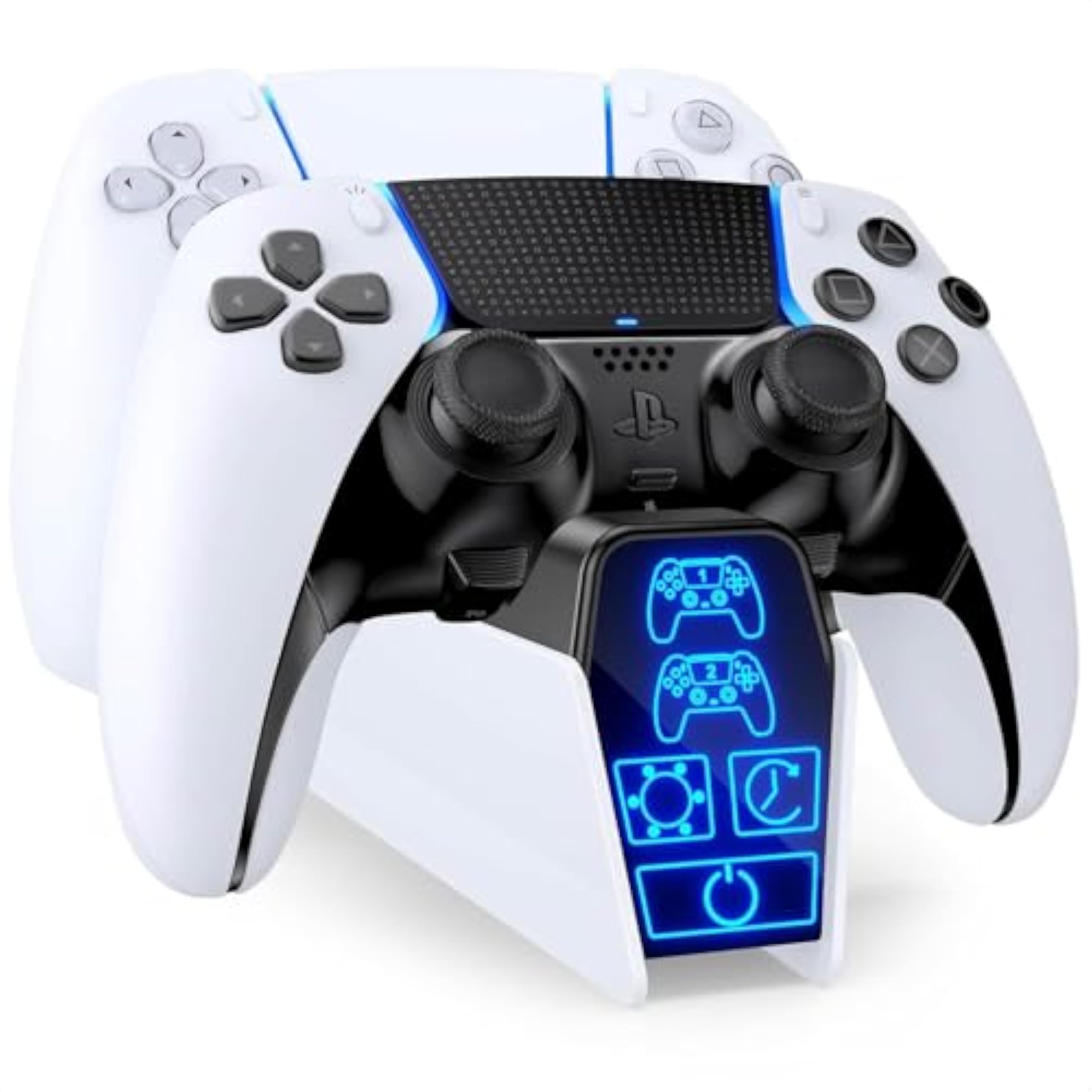 Fenolical Estación de Carga para DualSense PS5 y Controlador Edge, Táctil y Multifuncional para Playstation 5 con Iluminación Temporizada Libremente Controlable