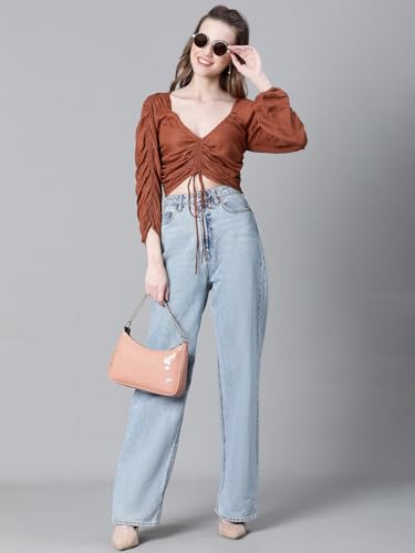 Image of oxolloxo Women Floral Print Semi-Sheer Round Neck Tie-Knotted Elasticated Long Crop Sleeve Top