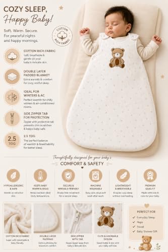 Image of TuddyBuddy Baby Cotton Wearable Quilted Sleeping Bag Blanket 1.5 Tog with 2 Way Zipper Closure | Ideal for Babies & Kids Hypoallergenic Fabrics | (Teddy & Stars AOP - White, 6-12 Months)