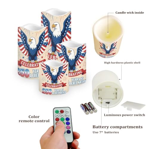 Image of A Free Nation Flickering Flameless Candles Bald Eagle LED Battery Operated Timer 250th American Anniversary Candle Warmer Lamp Celebrate 4th of July Independence Day, 4 Pack