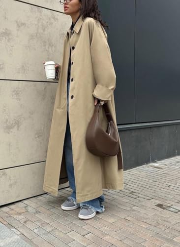 chouyatou Women's 2025 Fall Single Breasted Maxi Long Trench Coat Loose Cotton Business Casual Overcoat2