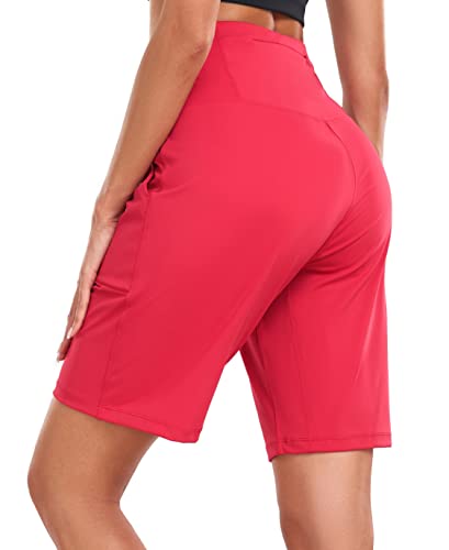 Women's High Waisted Shorts Yoga Workout Bermuda Long Hiking Shorts With Pockets 10" Shorts Red L #TOP1