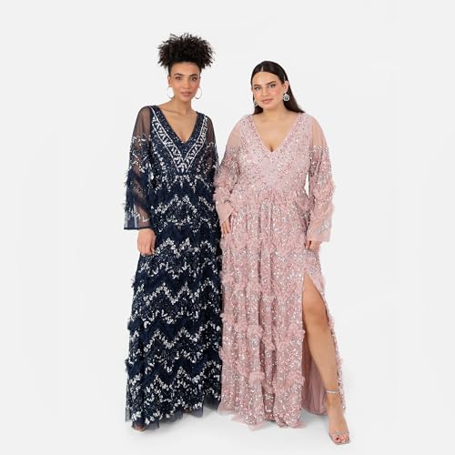 Maya Deluxe Women's Ladies Maxi Dress V Neckline Sequin with Ruffle Empire Waist Slit Split for Prom Ball Bridesmaid Wedding Guest, Navy, 16