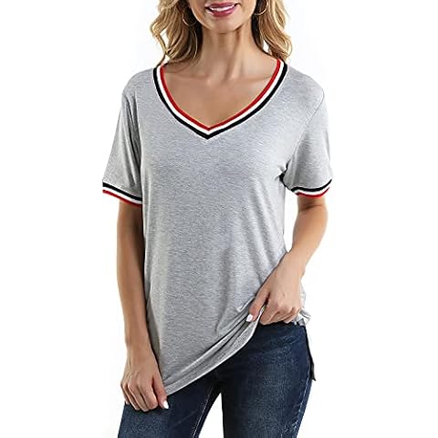 VICT POPU Womens Tops V Neck Summer Short Sleeve Side Split Loose Fit Casual Tshirts, Grey, XX-Large Cover