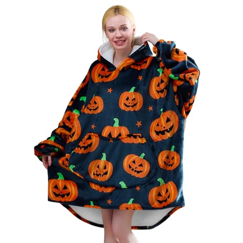 Blanket Hoodie Oversized Wearable Hooded Blanket for Adult Women and Men with Pocket Sherpa Hoodie Halloween Grey Pumpkin