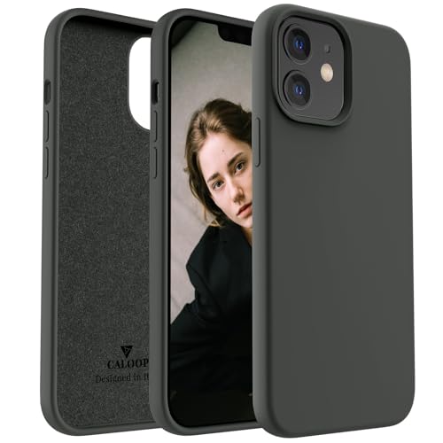 CALOOP Slim-Fit for iPhone 12/12 Pro Case,Skin Soft Liquid Silicone,Sturdy Hard Frame Shockproof Cover with Anti-Scratch Microfiber Lining,Full Protection for Screen and Lens,6.1 inch,Space Gray