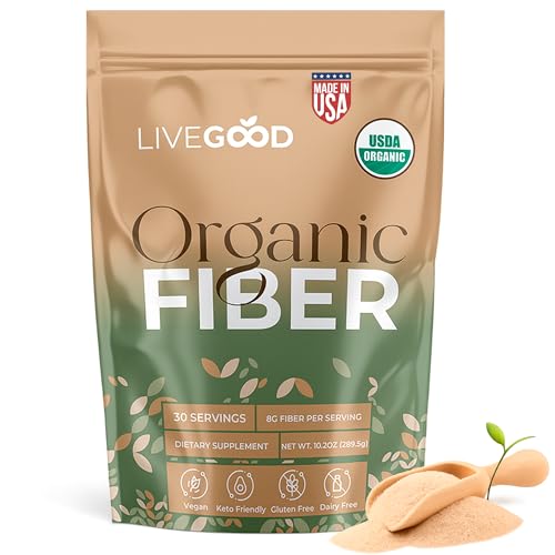 LIVEGOOD Organic Fiber Powder with Agave Inulin Psyllium Husk Pea Fiber 10 Plant-Based Sources for Digestion Detox Gut Support and Daily Wellness Organic Fiber Supplement (30 Servings)