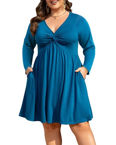 Manllenshie Womens Plus Size Dress Casual Cocktail Party Deep V Neck Twist Knot Front Flowy Midi Dresses with 2 Pockets Roll up 3/4 Sleeve (Teal Blue,3XL)