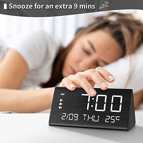 Jall Digital Alarm Clock, With Wooden Electronic Led Time Display, 3 Alarm Settings, Weekday/Weekend Mode, Temperature Detect, Wood Made Electric Clocks For Office, Bedroom, Bedside (Black) #TOP2
