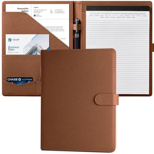 Mymazn Padfolio Portfolio Folder, Faux Leather Interview Resume Folder with Document Organizer & Business Card Holder, Letter-Sized Notepad Legal Pad Holder for Men Women (Golden Brown)