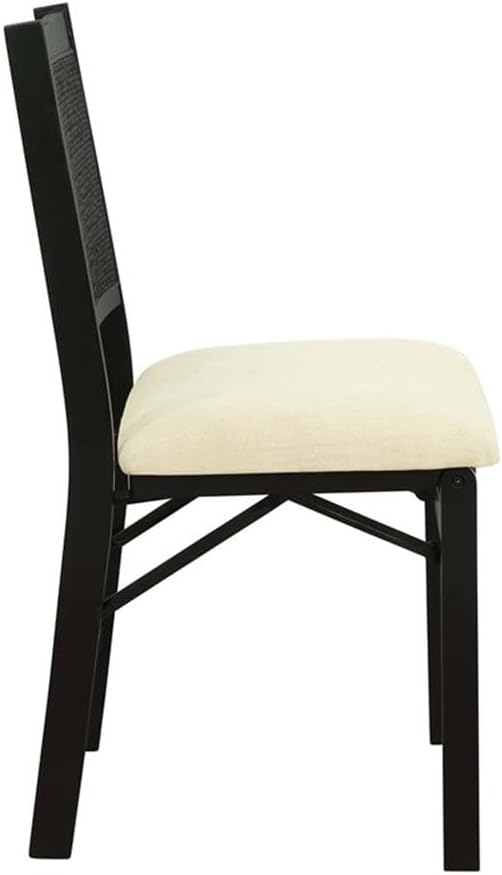 BOWERY HILL Wood Folding Side Chair, Woven Cane Back, Beige Padded Linen Seat, Black Frame, 19.75" L x 20.5" D x 34.5" H, Lightweight Accent Chair for Dining Room, Kitchen, Living Room Use