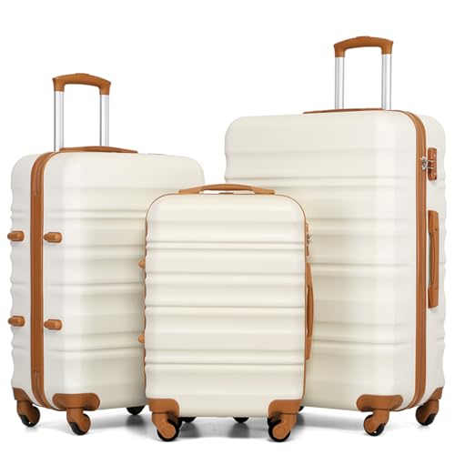 COOLIFE 3 Piece Hardshell Luggage Set, Suitcase Set with Smooth Spinner Wheels, TSA Lock, Scratch-Resistant, Durable ABS+PC Suitcase Set for Family Holiday Group Travel（Apricot White） 3-Piec