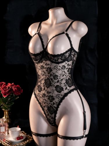 Women Sexy Floral Lace Teddy Lingerie Garter Belt Backless Bodysuit Set - image 6
