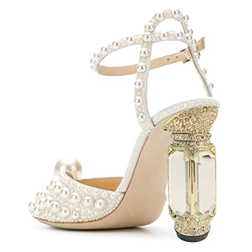 Fsj Women Peep Toe Studded Heeled Sandals Ankle Buckle Chunky Block Thick Heels Slingback Elegant Ballroom Dance Banquet Shoes White Pearl Size 6 #TOP2