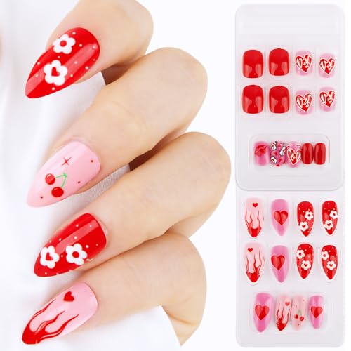 BOFUNX 48pcs Uñas Postizas Rojas Cortas Tips Uñas Puntas Presión Acrílica con Adhesivo Uñas Postizas Almendradas Corazones de 10 Tamaños para Manicura y Diseños de Uñas San Valentín