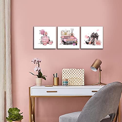Bedroom Wall Decor Canvas Framed Artwork Perfume Cosmetics High Heels Print Picture Wall Art For Living Room Bedroom Teen Girls Room Modern Home Pink Wall Decorations Size 14X14 Inch 3 Pieces #TOP2
