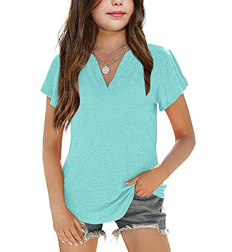 PLNOTME Girls' Summer Cute T Shirts Casual Short Sleeve V Neck Plain Tunic Tops - Main Image