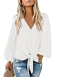 luvamia Women's V Neck Button Down Shirts Casual Long Sleeve Tie Knot Tops Blouses, A Ivory Size XXL