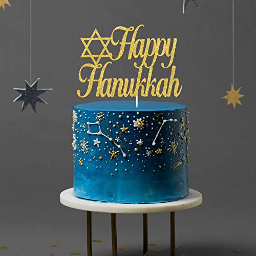 Gold Glitter Happy Hanukkah Cake Topper, Jewish Festival Cake Decor, Chanukah Holiday Party Decoration Supplies, Hanukkah Star Of David Decor #TOP4