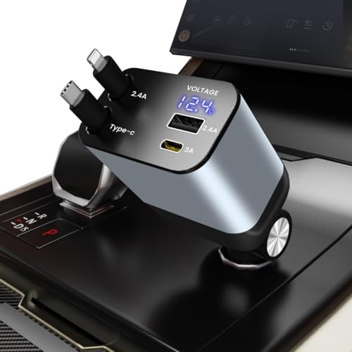 Image of Retractable Car Charger 4 in 1 Car Fast Charger 66W with Dual Retractable Cables & USB Port Compact Design for Efficient Charging Car Mobile Charger Fast Charging