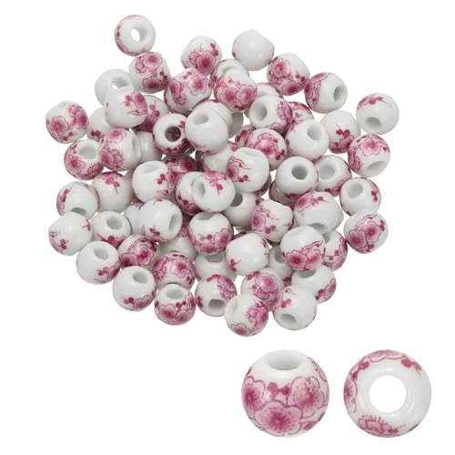 PATIKIL 80 pcs De Cuentas De Cerámica Para Hacer Joyería, 8mm Cuentas De Porcelana Estampadas Con Flores Suministros De Abalorios Hechos A Mano Esmaltados, Rosa Rojo Flor De Ciruelo
