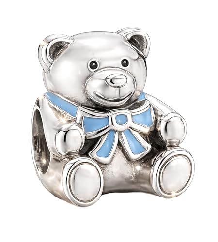 Charm de oso de peluche con lazo azul para pulseras de plata