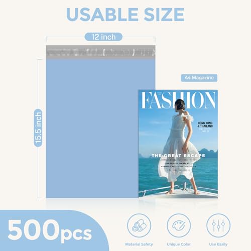 Image of Metronic Poly Mailers 12x15.5 500PC Bulk Shipping Bags for Small Business | Light Blue, Strong Adhensive, Self Seal, 2 Mil Thick Mailers Poly Bags, Waterproof Tearproof Shipping Envelopes for Clothing