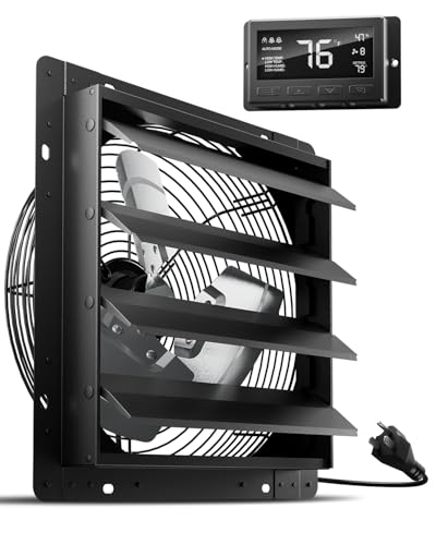Image of HG Power 14 Inch Attic Fan with Thermostat, Shutter Exhaust Fan with Smart Temperature Humidity Controller, Wall Mounted Greenhouse Fan with EC Motor for Garage, Shed Ventilation, Black
