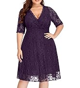 Women's Plus Size Wedding Guest Cocktail Party Semi Formal Lace Wrap V Neck Knee Length Dress