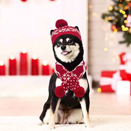 Image of Mihachi Dog Costumes Hat Scarf Set Knit Snowflake Reindeer Print 2 Pcs Winter Warm Clothes for Small Dogs Cats Red White