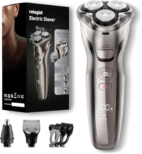 rategist Cordless Electric Razor for Men: 3-in-1 Shaver for Beard/Nose/Sideburns - IPX7 Waterproof Travel Kit - Turbo Speed & Precision Blades,Bright Silver