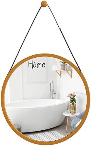 Zri Bamboo Gold Round Mirror On Wall - 15 Inch Circle Wood Frame with Hanging Adjustable Leather Strap for Entryway, Bedroom and Bathroom