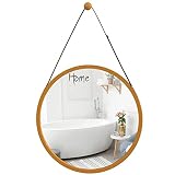 Zri Bamboo Gold Round Mirror On Wall - 15 Inch Circle Wood Frame with Hanging Adjustable Leather Str