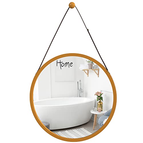 Zri Bamboo Gold Round Mirror On Wall - 15 Inch Circle Wood Frame With Hanging Adjustable Leather Strap For Entryway, Bedroom And Bathroom #TOP29