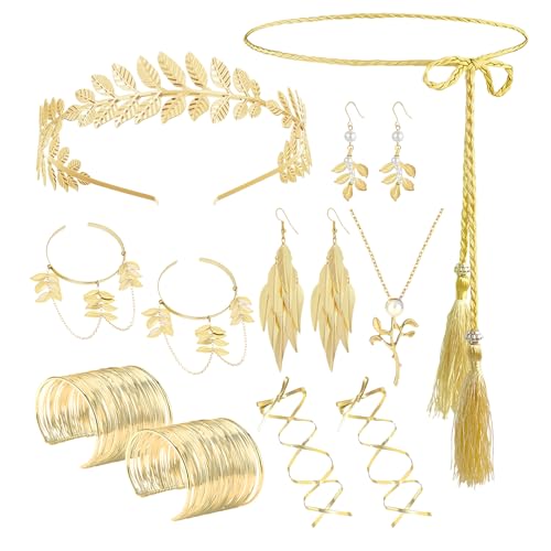 Dormklss Greek Goddess Costume Accessories Set Grecian Roman Toga Cleopatra Accessories Golden Laurel Leaf Crown Headband Earring Necklace Mythology Jewelry for Women Theme Party