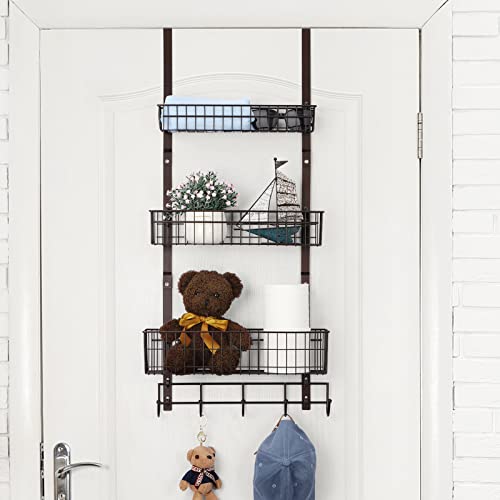 Over The Door Basket Organizer 3 Tier Hanging Kitchen Storage Rack Heavy Duty Pantry Organizer With 3 Basket And 5 Hooks Door Back Metal Wire Basket For Kitchen, Bathroom, Office, Brown #TOP24