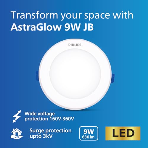 Image of PHILIPS 9W AstraGlow Downlight | Ultra Bright Slim Panel Light | Junction Box Compatible | Energy Efficient LED Ceiling Light for Home & Office | Cool Day Light, Pack of 2