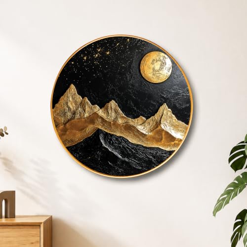 Image of PAINTINGMANTRA Golden Mountain Moon Vastu Framed Wall Art Painting For Living Room, Symbol of Stability, Mountain Poster with frame for Wall, Decoration item for bedroom & Home, 16 Inch