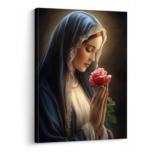 B.B.F MAKE Blessed Virgin Mary Wall Art - Made in USA, Our Lady Catholic Religious Canvas Picture, Spiritual Home Decor, 20x24 - Virgin Mary with Red Rose