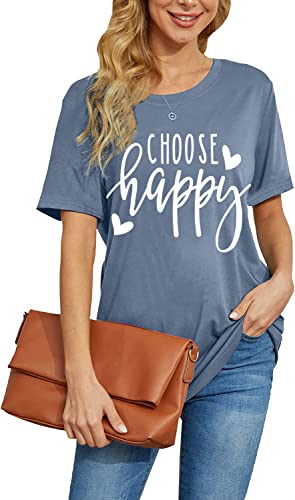 Graphic Tees For Women Choose Happy Letter Print Shirts Funny Love Heart Women T Shirt Inspirational Short Sleeve Tops Blue-M #TOP2