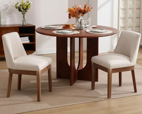 Image of HNY Modern Dining Chairs Set of 2 with Comfortable Back Support, Farmhouse Soft Linen Upholstered Kitchen Dining Room Chairs with Solid Wood Legs, Armless Accent Side Chairs for Living Room, Beige