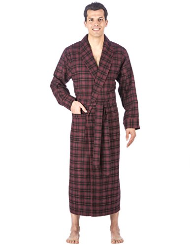 Birsppy ATAZUA Mens Robe - 100% Cotton Flannel Robe Long - [Black/Burgundy Plaid] - Small/Medium