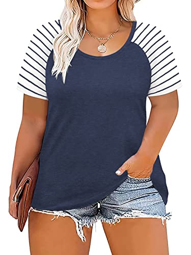 Plus Size Womens Tops Short Sleeve Summer Tees Shirts Loose Tunic Navy Blue-22W