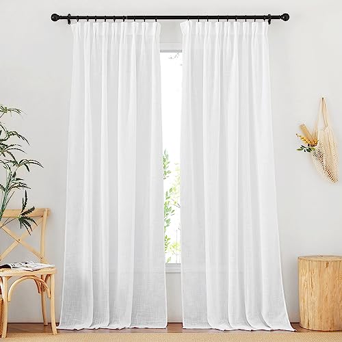 NICETOWN White Linen Curtains 95 inches Length 2 Panels Rod Pocket & Back Tab Pinch Pleated Burlap Semi Sheer Privacy with Light Filtering Window Cove